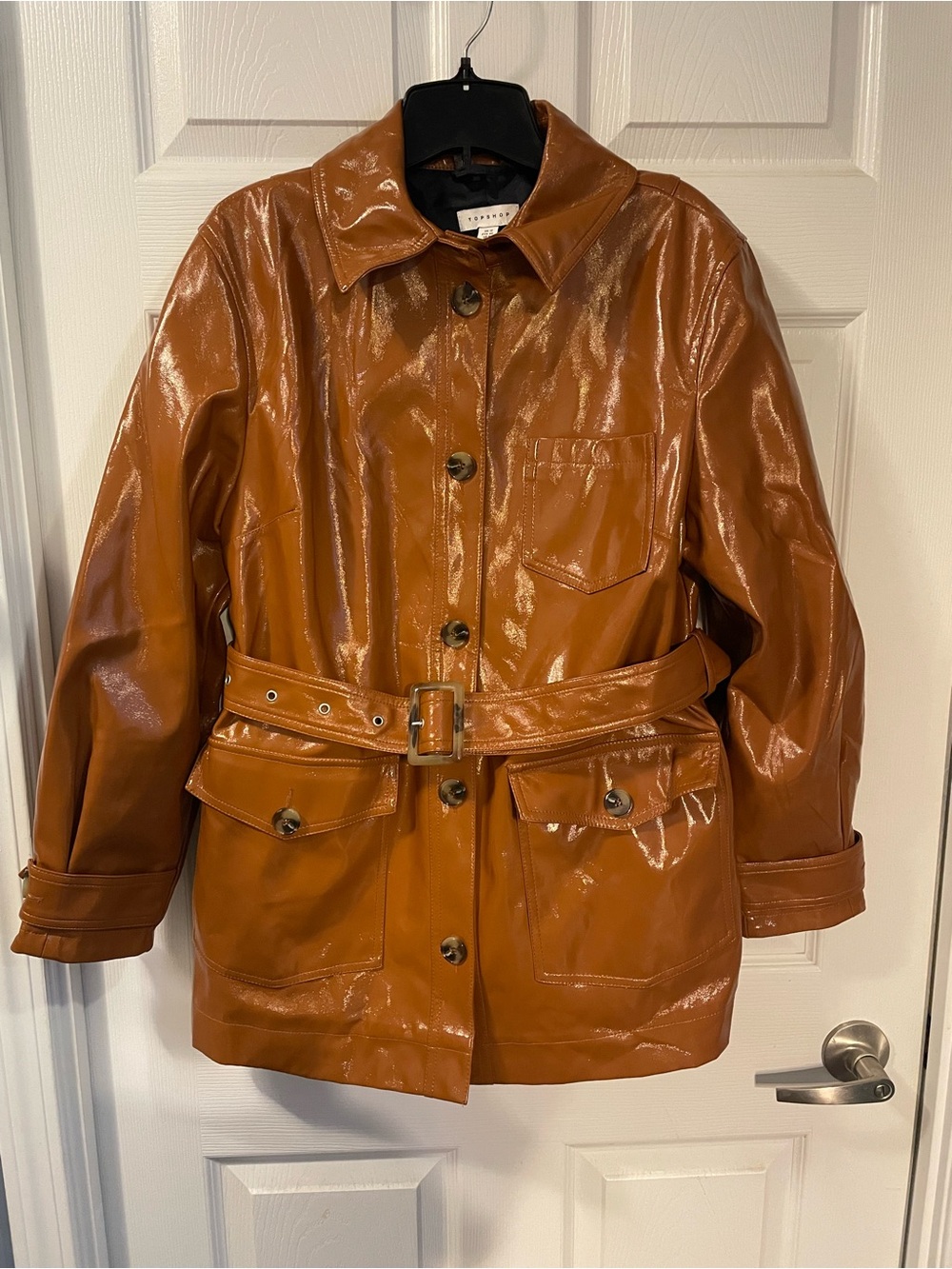 Topshop Glossy Cognac Patent Trench Jacket
